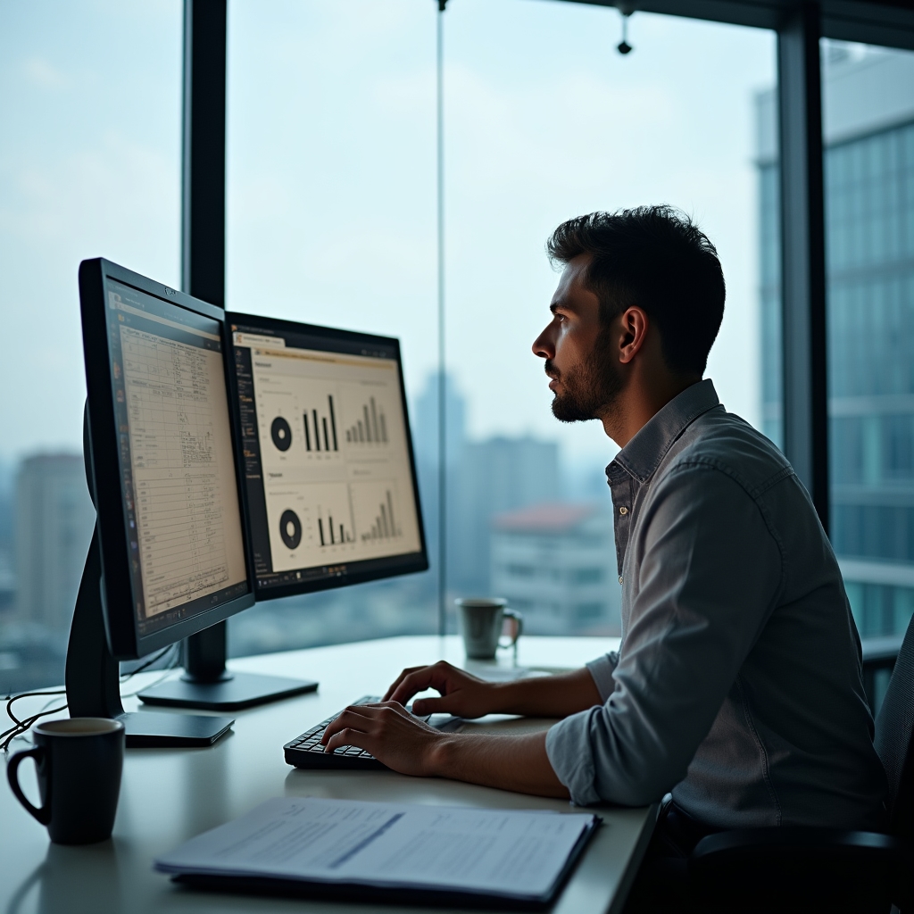 Менеджер по закупкам за рабочим столом анализирует данные